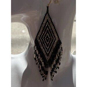 Vintage Long Black Clear Seed Bead Cluster Dangle Pierced Earrings Western 6”